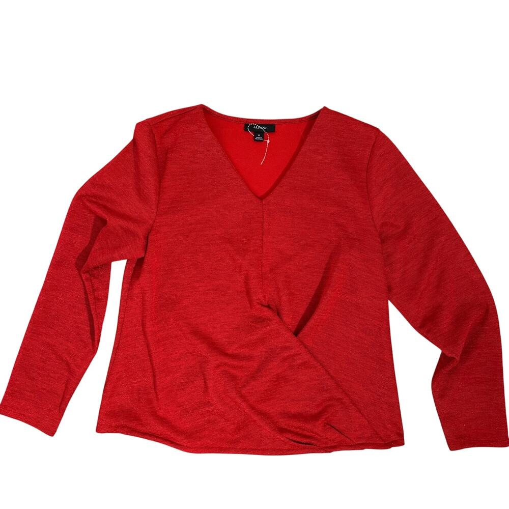 Alfani Womens V- Neck Long Sleeve Twist Metallic Top - Red - Size Medium - $70